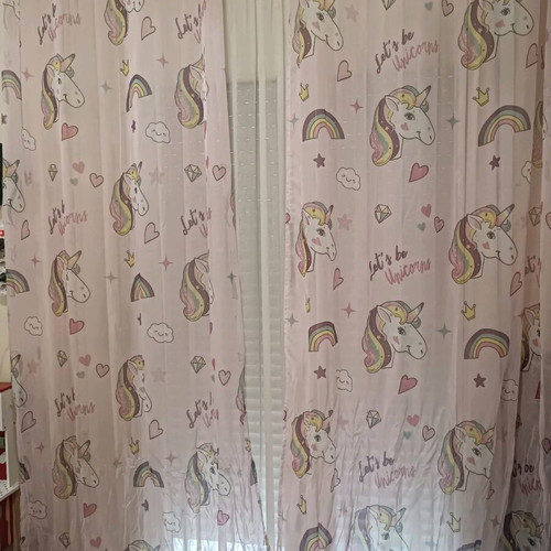 Curtain with rings voile pink with unicorn design, like new, set of 2