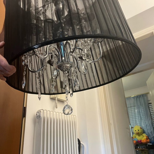 Chandelier lamp with black fabric shade and crystal details like new