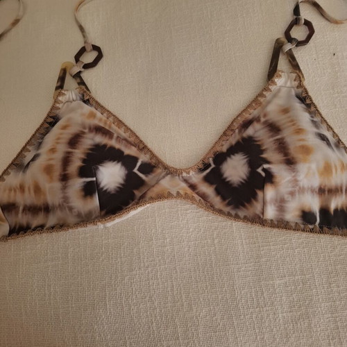 SugarFree bikini top used, size small, brown shades with embroidery