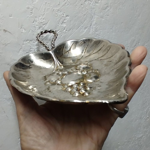 Vintage silver plated leaf-shaped plate used with embossed design