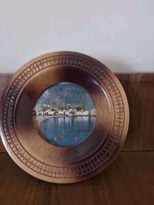 Carved decorative wall plate like new with seaside Greek village