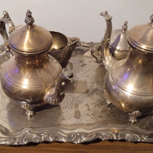 Silver-plated tea set 5 pieces with large tray F.B Rogers Lady Margaret like new