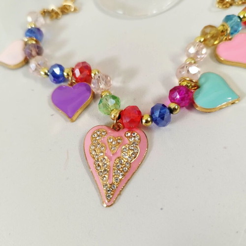 Girly cute necklace with pink enamel hearts and crystals new