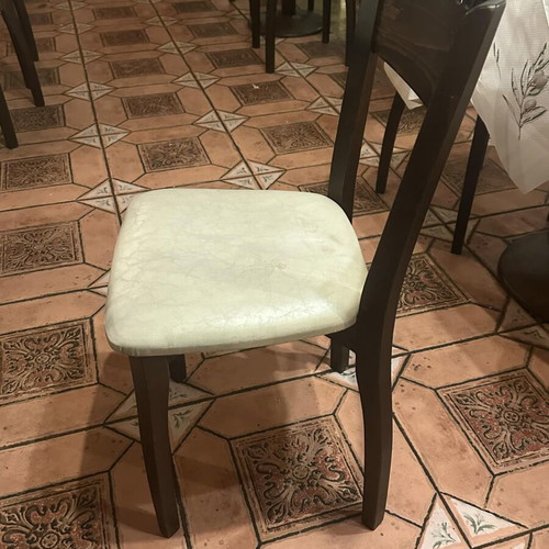 Wooden chair used with beige leather seat dark brown