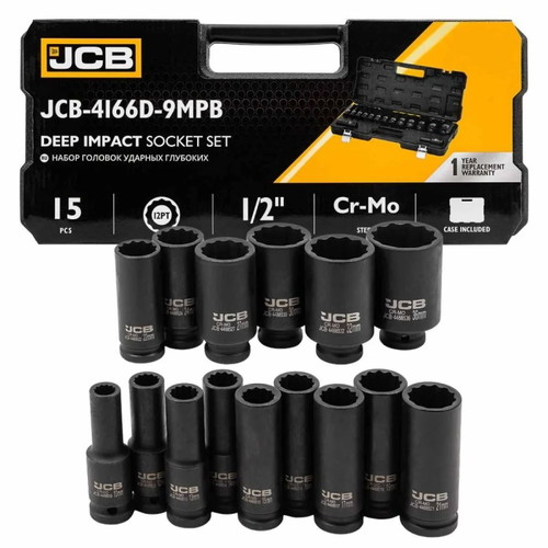 JCB Deep Impact 12-Point 1/2" Socket Set 15 Pieces New