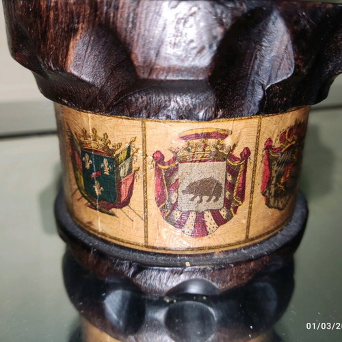 Wooden mortar used with pestle and 9 flags collectible