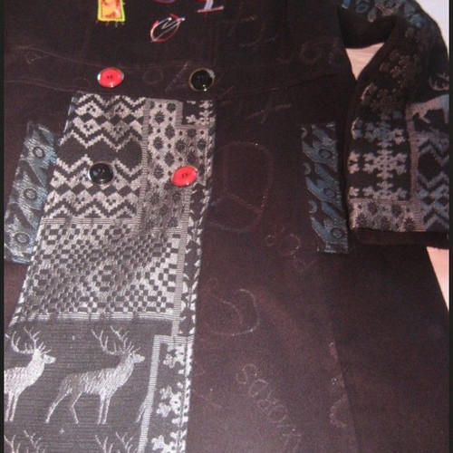 Desigual style women's coat, black with grey-blue jacquard ornaments