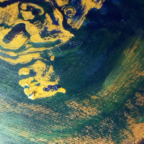 French Bulldog painting with embossed gold texture on blue background
