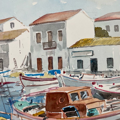Watercolor by Giorgos Papadoperakis featuring Fishing Boats in passepartout