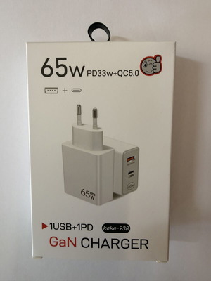 65W GaN Charger new, 2 ports USB-C PD and USB-A QC 5.0 fast charging