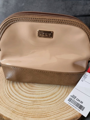 DKNY cosmetic bag new, leather and patent, beige-brown