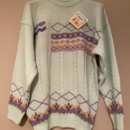 Coveri wool sweater new with purple and salmon designs