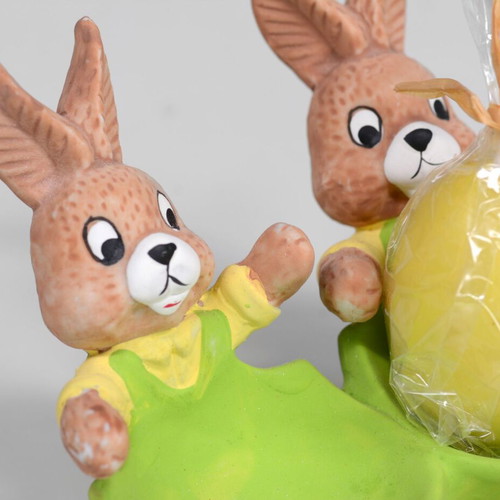 Easter ceramic decoration with bunnies and wax eggs like new
