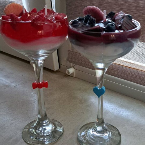 Soy and gel wax candle in cocktail glass with strawberry and blueberry scent