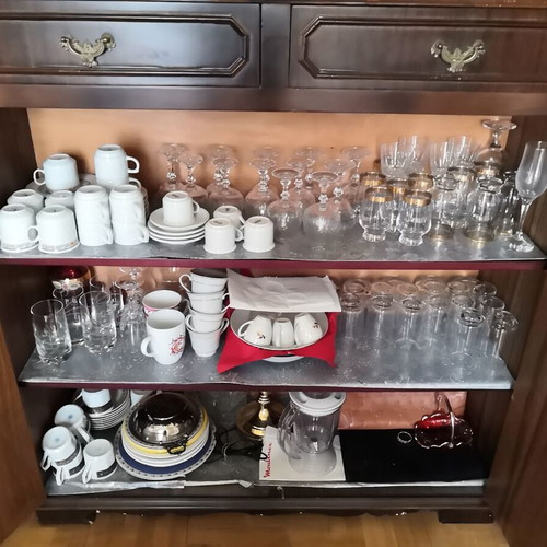 Classic handmade cabinet used, walnut finish, 2 drawers and double door