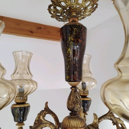 Pair of chandeliers used with ceramic base, five-light and four-light