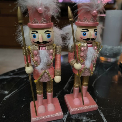 Pink wooden Christmas nutcracker set of two new, 17 cm