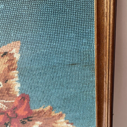 Vintage Handmade Needlepoint Embroidery Framed Cat with Bow used