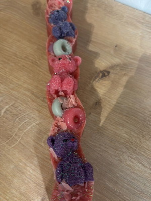 Handmade Easter candle with teddy bears in pink coral color