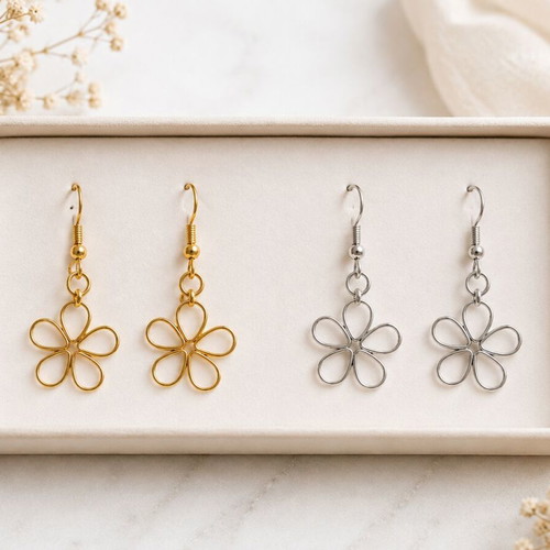 Wire Blossom Handmade Flower Earrings in Gold, New