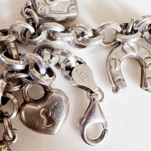 Vintage silver 925 bracelet with charms and ceramic heart used