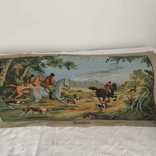 Handmade embroidered textile painting with classic hunting scene