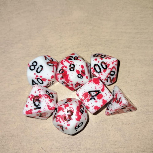 Bloodstained D&D dice set with dice bag