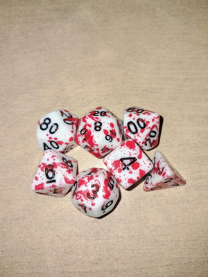 Bloodstained D&D dice set with dice bag