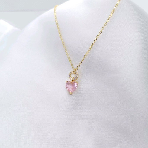 18K Gold-Plated Necklace with Pink Heart Pendant, 45 cm, New