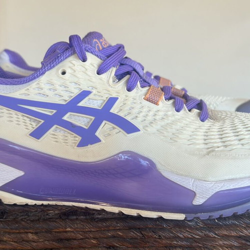 Asics Gel-Game 8 women's tennis shoes, size 39.5, white with purple and salmon