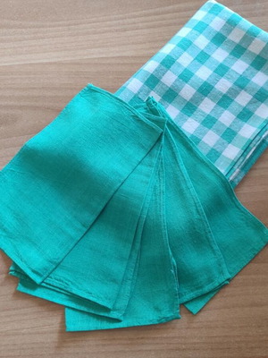 Checkered tablecloth with 6 green cloth napkins set