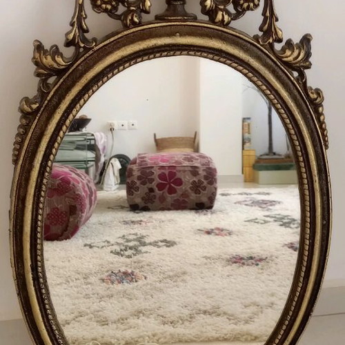 Oval bronze mirror used, antique style with gold paint
