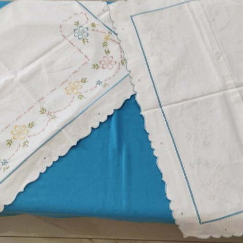 Handmade Double Bed Sheet Set with Pillowcases, Floral Embroidery, Like New