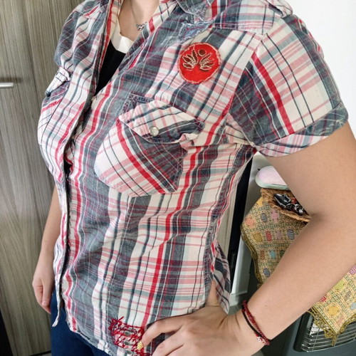 Tramontana women's plaid shirt size L used with embroidered details and waist strap