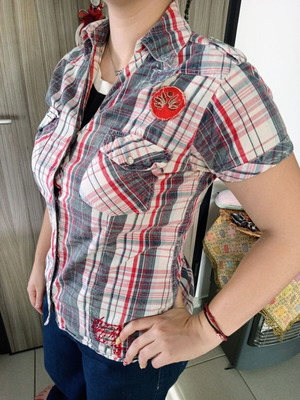 Tramontana women's plaid shirt size L used with embroidered details and waist strap