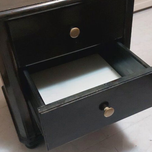 Wooden vintage nightstand with 3 drawers used, dark brown