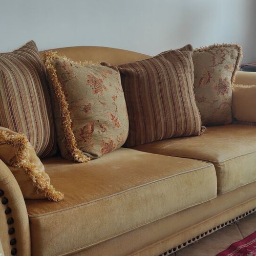 Classic sofa set used, three-seater and two-seater, beech wood with Dutch fabric