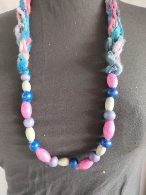 Boho handmade necklace with knitted yarn and beads