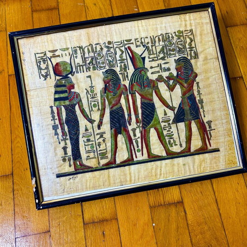 Set of framed real papyrus pictures with bronze or copper statue and marble lamp