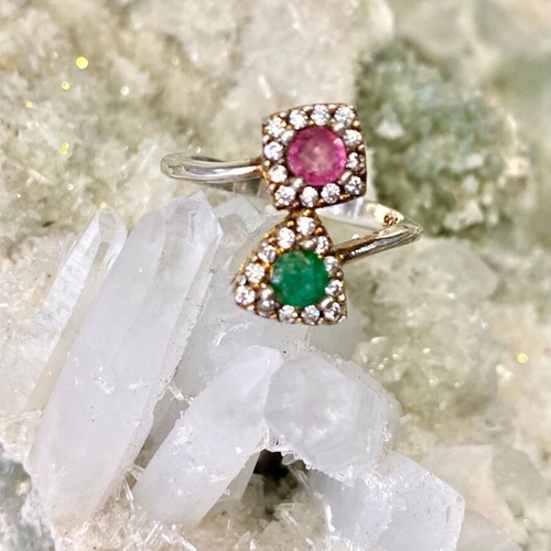 Handmade silver ring with natural pink tourmaline, emerald and moissanite