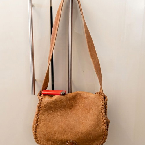 Leather shoulder bag handmade, used, brown with small green marks