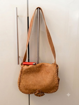 Leather shoulder bag handmade, used, brown with small green marks