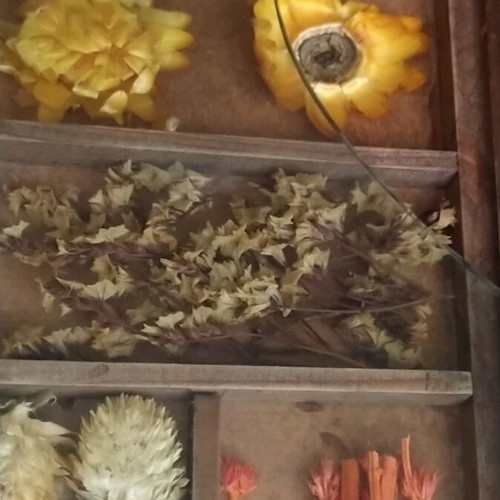 Serving tray with dried flowers, used, wood and glass