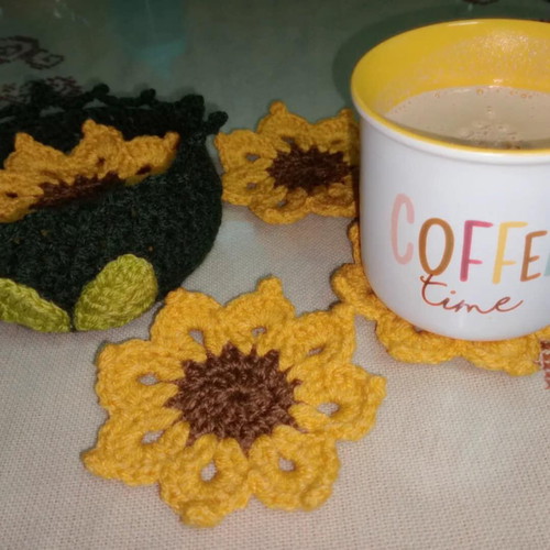 Sunflower coaster set with basket handmade new