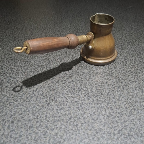 Brass cezve with wooden handle used, vintage Greek coffee pot