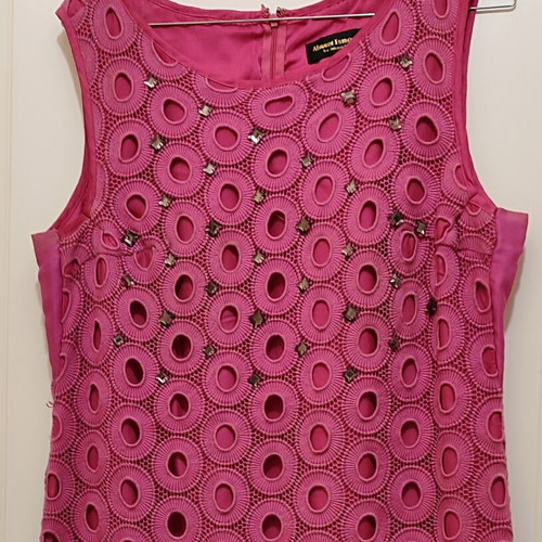 Almost Famous evening dress guipure lace with rhinestones size 14 large like new fuchsia