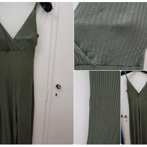 Olive green one-piece jumpsuit, cotton, elastic