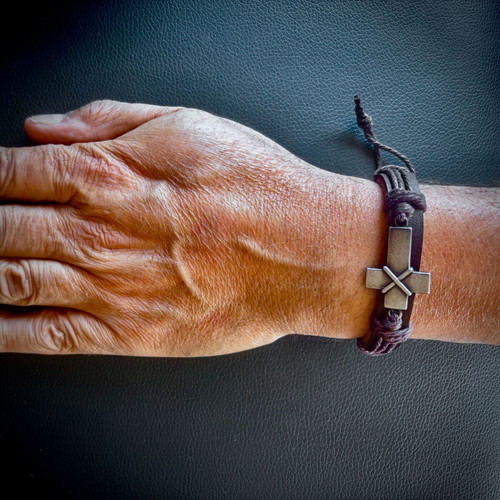 Genuine Brown Leather Cross Bracelet, M FORGE