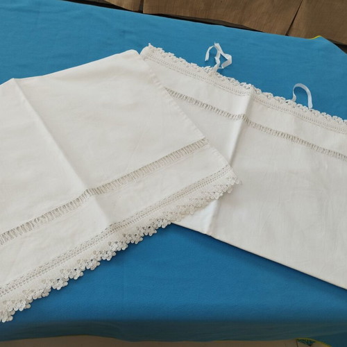 Pair of Handmade Bridal Pillowcases with Crochet Lace and Azur Motif