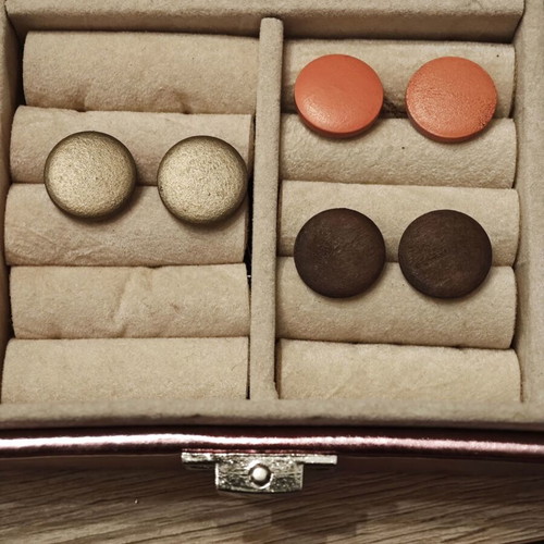 Wooden earrings used, set of three pairs orange, gold and brown